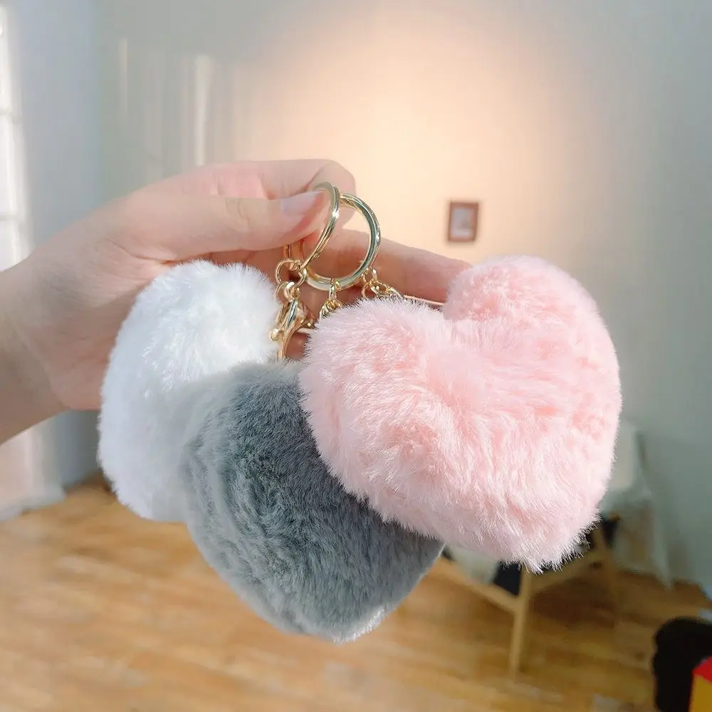 Cute Love Heart Plush Bag Pendant Fluffy Ball Solid Color Key Chain Bag Accessories Imitation Rabbit Fur Car Key Ring