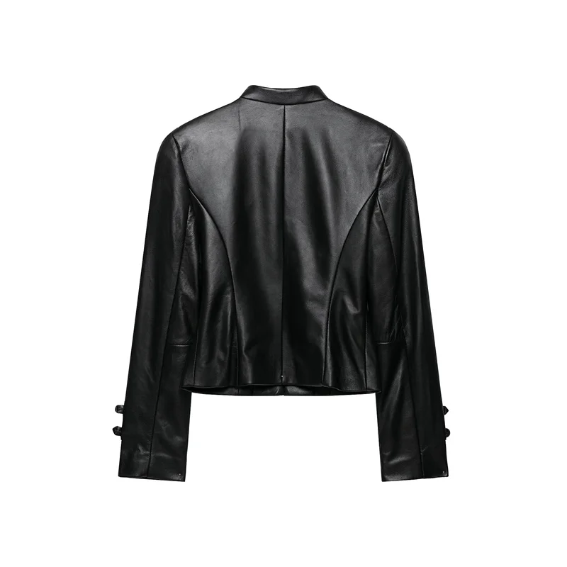 GuobioziyWomen New Chinese Style Faux Leather Cropped Jacket Mandarin Collar Frog Button Short PU Coat Retro Street Commute Out