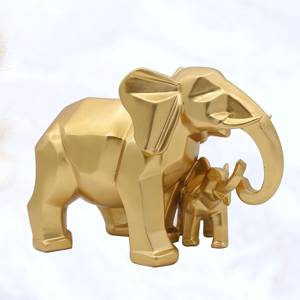 

Resin Golden Elephant Family Sculpture Geometric Animal Ornament Home Office Garden Decoration Vivid Detail Resin Elephant