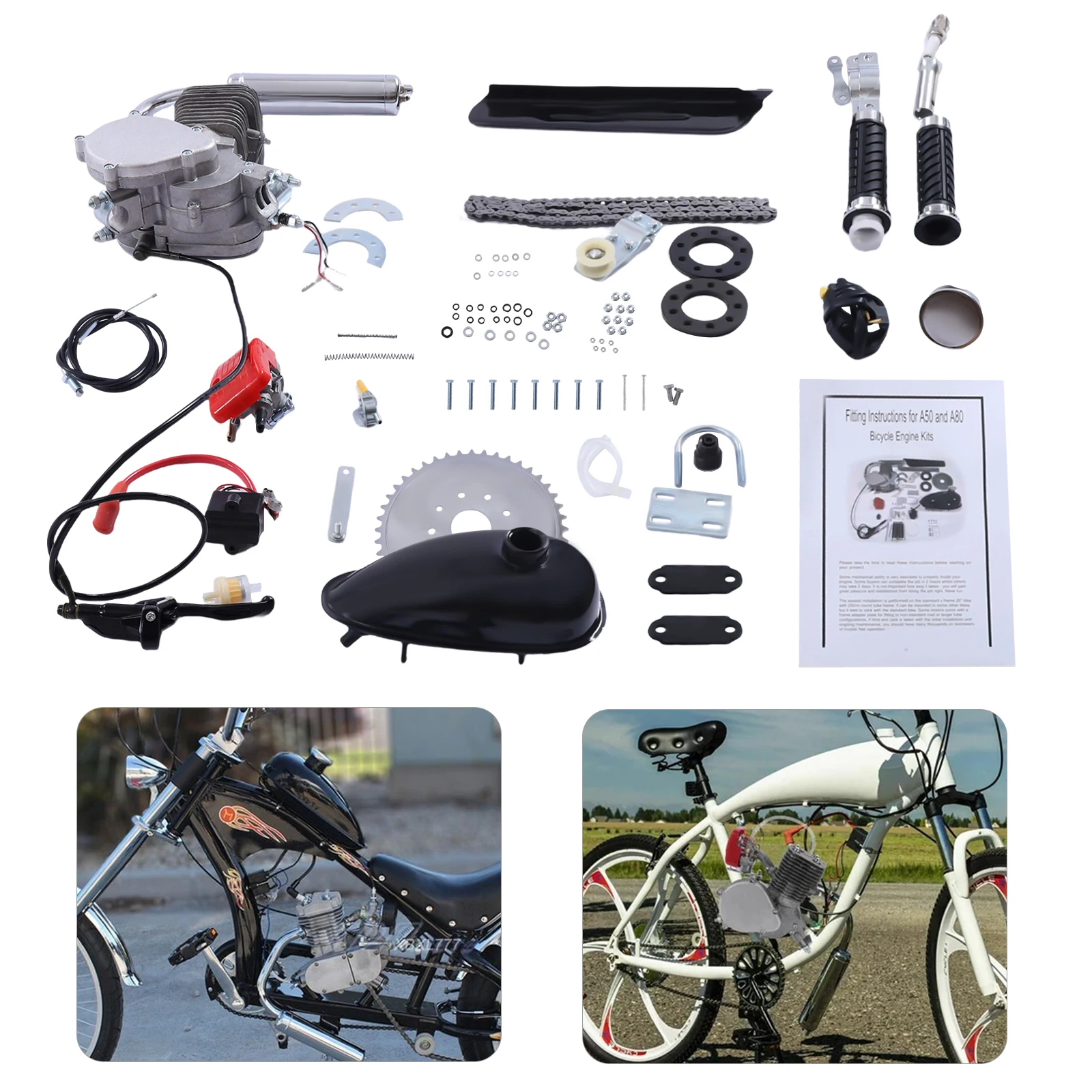 100cc 2-Stroke Bicycle Gasoline Engine Motor Kit Upgrade Hydraulic Handle DIY Motorized Bike Single Cylinder Air-cooled