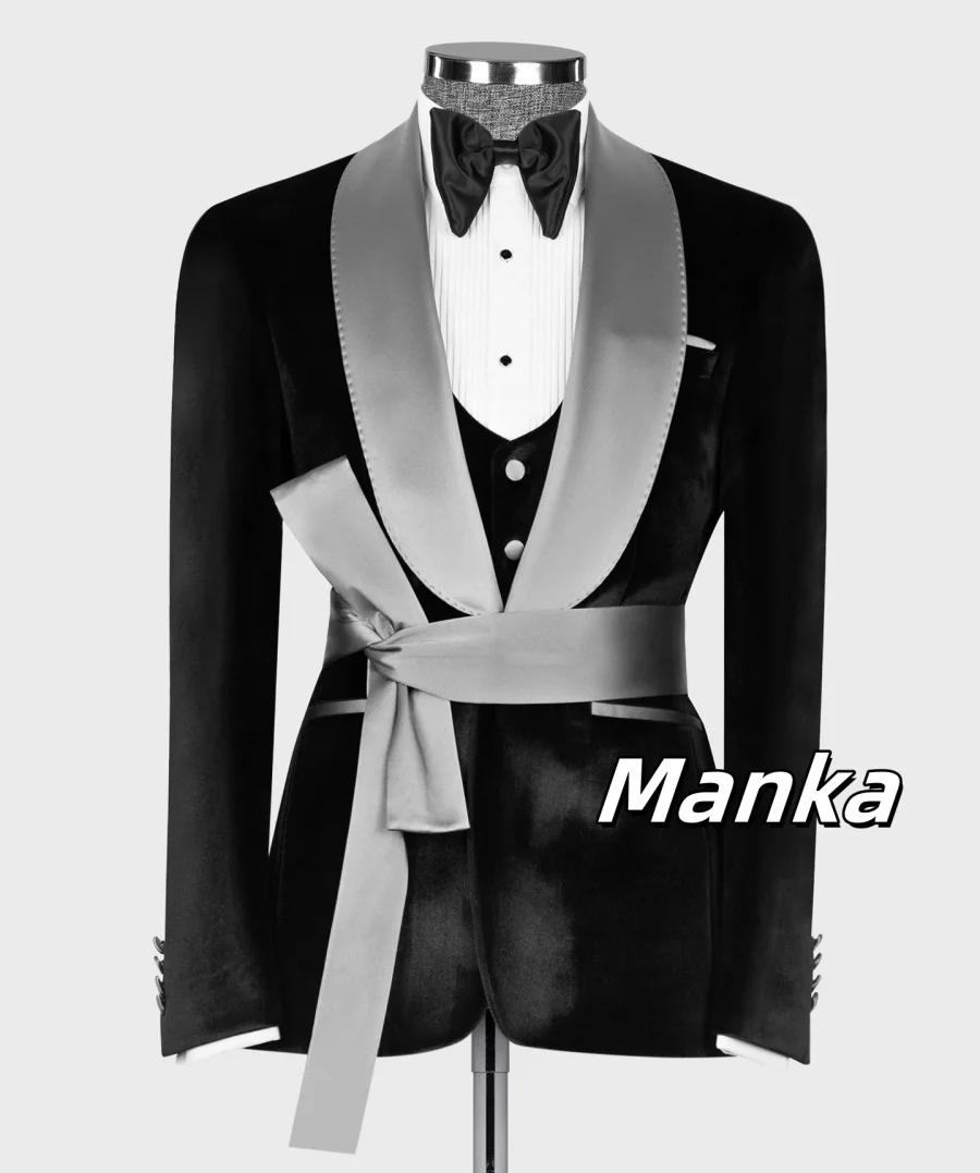 Preto cetim lapela veludo casamento noivo smoking com cinto 3 pçs blazer colete calças sob medida feito festa de formatura terno masculino