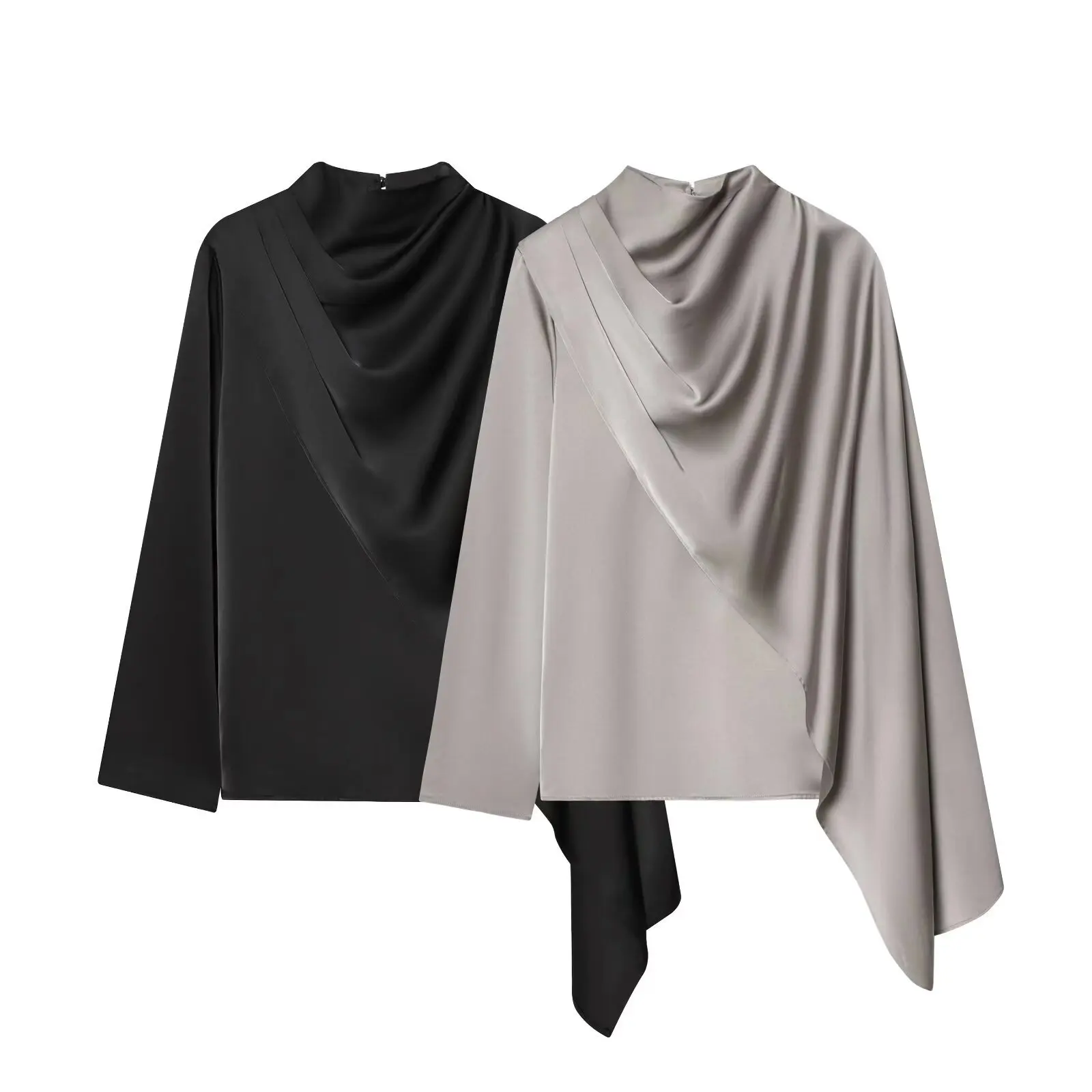 

Women's Satin Draped Cowl Neck Blouse 2026 New Asymmetric Hem Long Sleeve Top Elegant Silky Office Wear Shirt