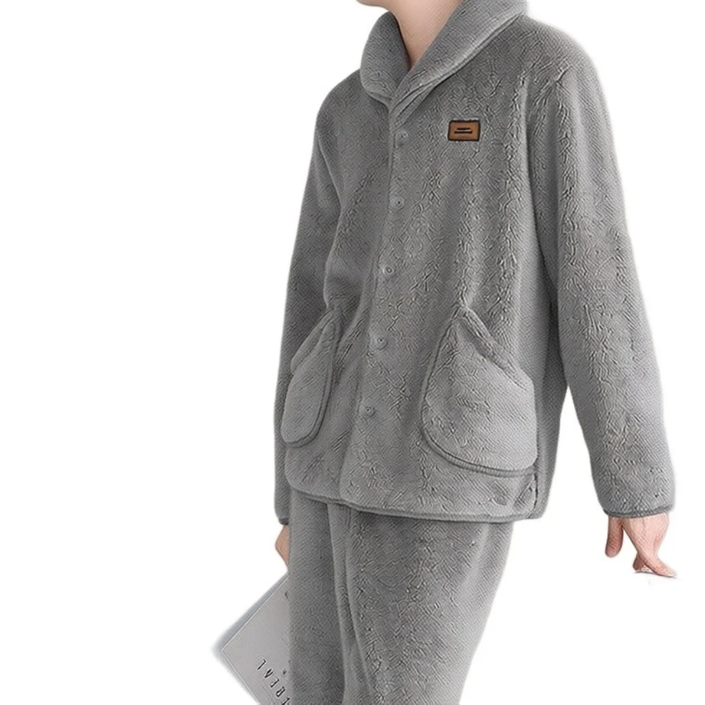 Men's Winter Coral Fleece Lined Pajama Sets Thickened Warm Stand Collar Long Sleeve Sleepwear Home Lounge Wear Solid Color