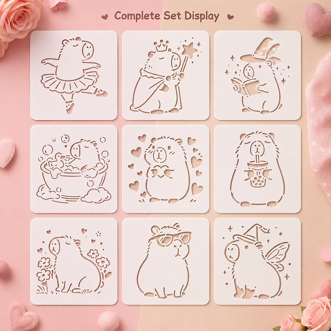 9Pcs 3.9x3.9in Cute Capybara Stencils Reusable PET Stencils for Painting Animal Craft Templates Wall Wood Fabric DIY Decor