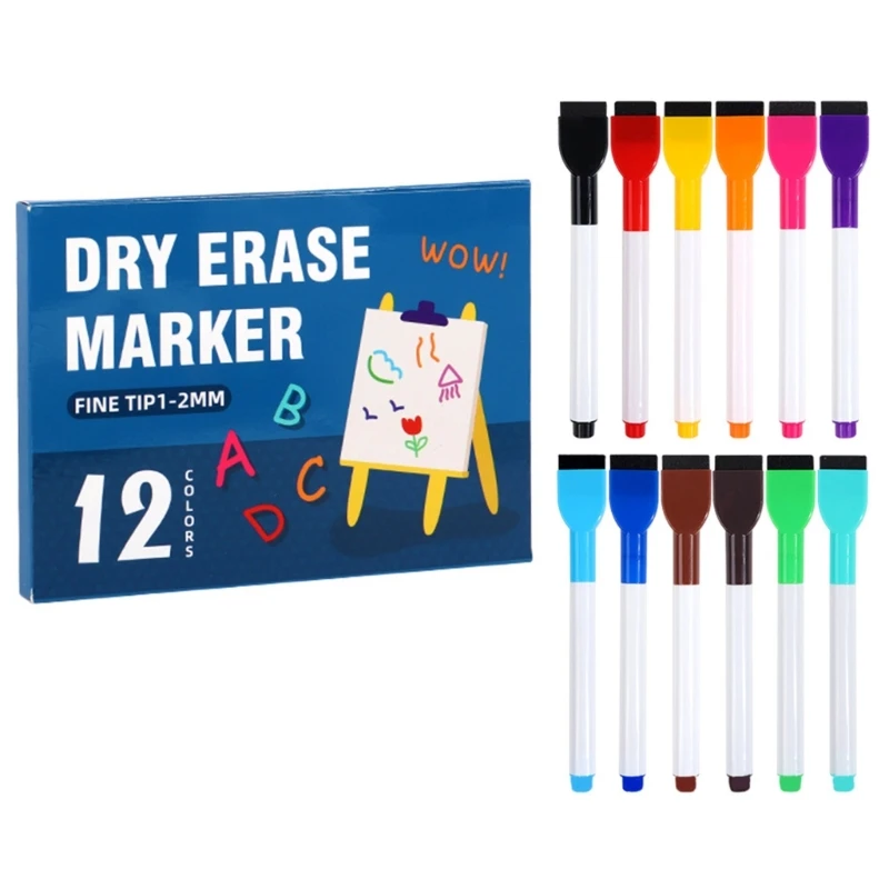 Caneta marcador magnética 12 cores com borracha para quadros pinos, flipchart