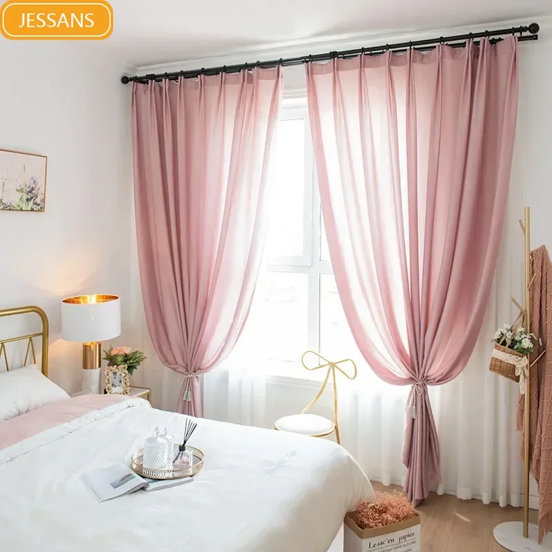 Pink Chiffon Screen Window Screen Gauze Curtains for Living Room Bedroom French Window Balcony Floating Window Finished Product