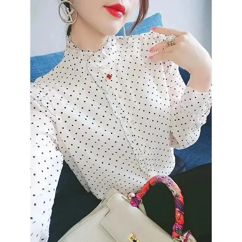 Fashion Korean Elegant Chic Sweet Ruffle Dot Print Blouse Shirts Women Autumn Casual Stand Collar Long Sleeve Office Ladies Tops