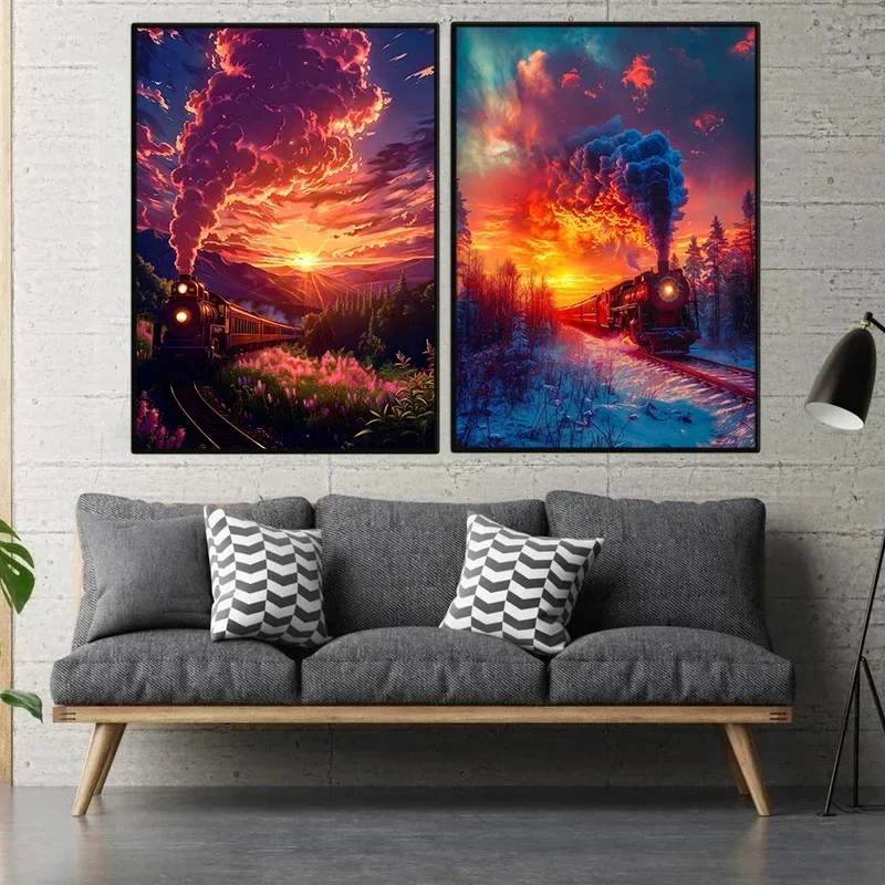 Vintage Anime Style Steam Train Sunset Landscape Poster Travel Scenery Wall Art for Living Room Home Decor Mural Canvas Painting