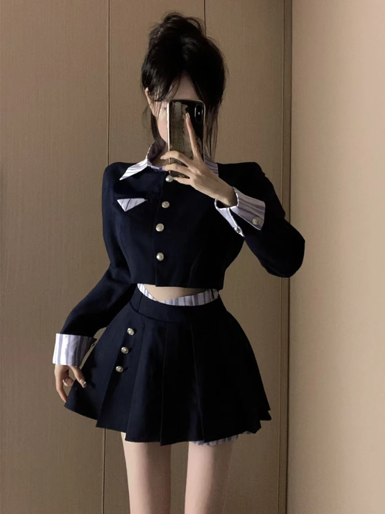 20024 New Uniform College Style Fashion Blazer Set Patchwork Elegant Crop Tops + Slim Sweet Y2k Mini Skirt Korean Suit Woman