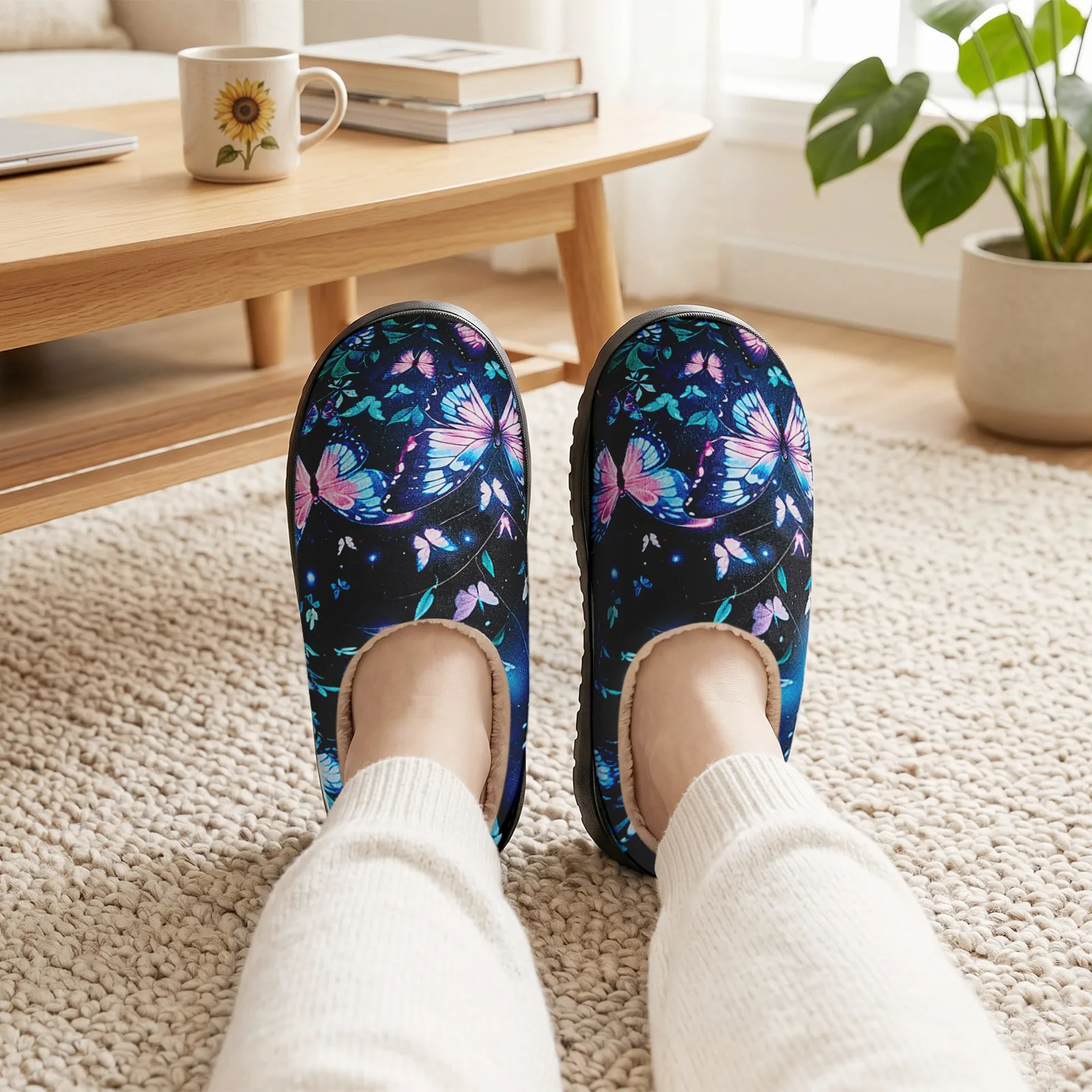 Women's Fuzzy House Slippers Memory Foam Butterfly Print Warm Cozy Indoor Winter Slip On Non Slip Bedroom Shoes for Women