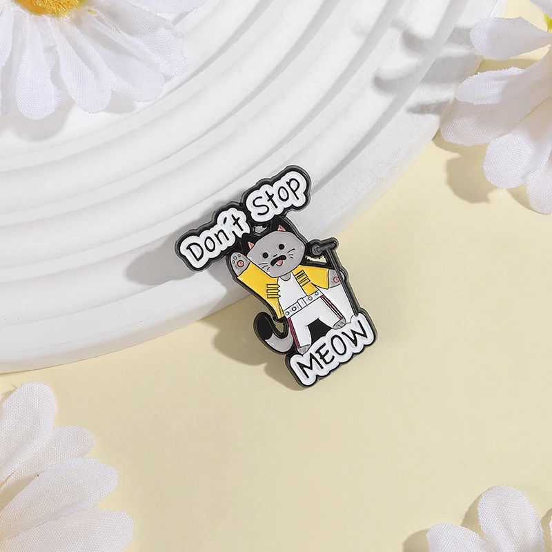 Don't Stop Meow Enamel Pins Rock n Roll Music Cat Singer Brooches Backpack Lapel Badge Jewelry Accessories Gift For Fan Friends