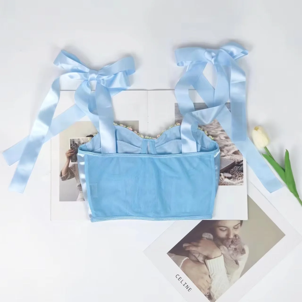 Women's Floral Trim Bustier Crop Top - Lace-Up Underwire Fishbone Hot Girl Suspenders Small Corset Top