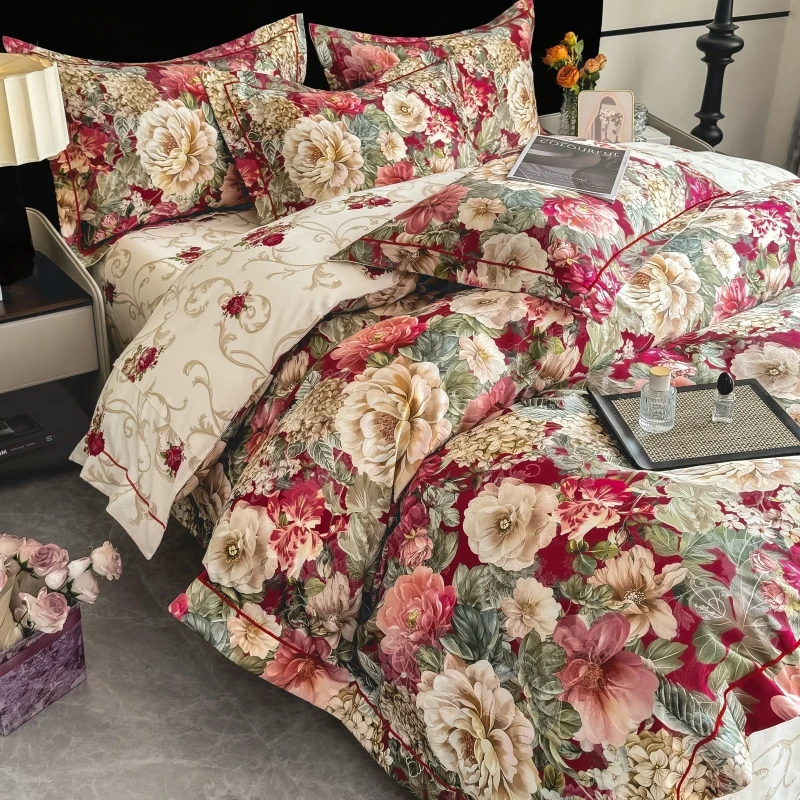 

Four-piece set of European jacquard cotton thickened wedding bedding autumn and winter warm plants flower printing and dyeing