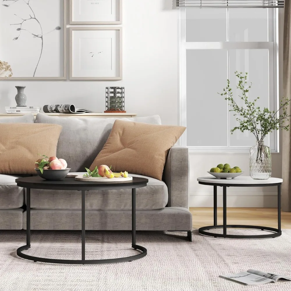 Pair of 31.5 Round Nesting Coffee Tables with Wood Grain Finish and Adjustable Non-Slip Feet