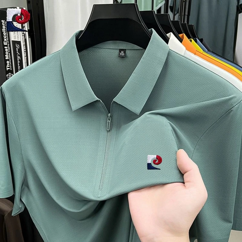 New Men's High Quality Silk Half Zipper Polo Shirt Summer Korean Edition Fashion Casual Silk Slippery Ice Cool Top