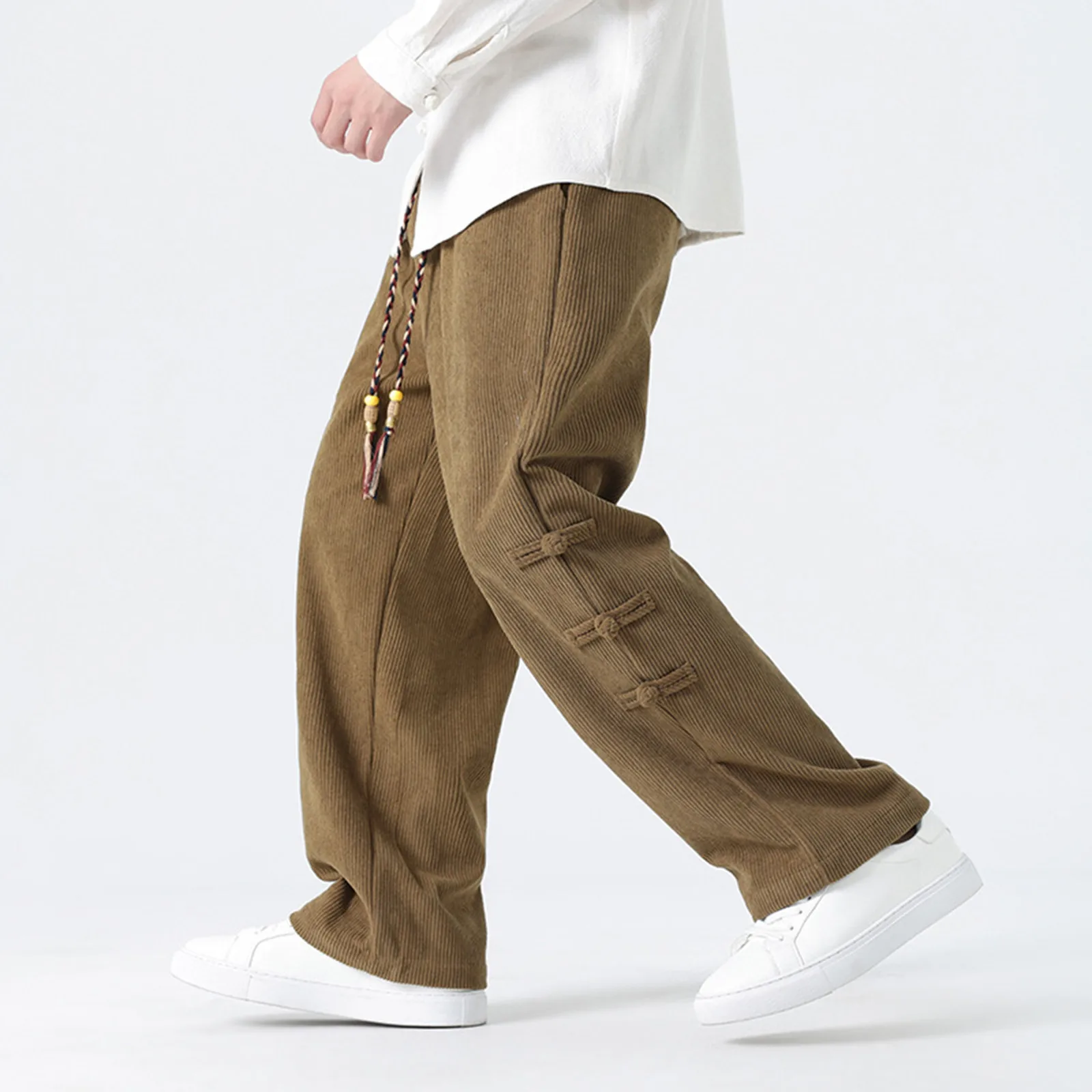 Men Sweatpants Winter Autumn Corduroy Fashion Solid Color Fine Strap Loose Straight Leg Wide Leg Casual Long Pants Streetwear