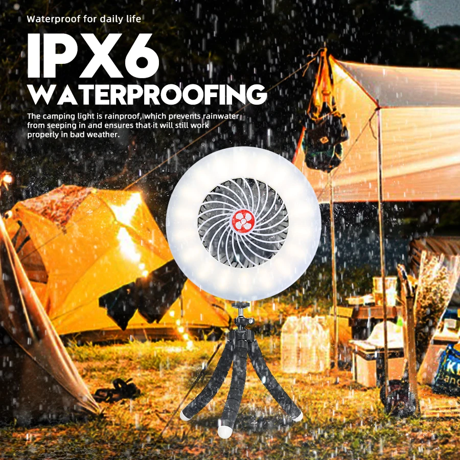 Multifuncional Camping Fan Light, carregamento solar e USB, portátil, teto sem fio, ventilador elétrico com Power Bank, Tripé de luz LED