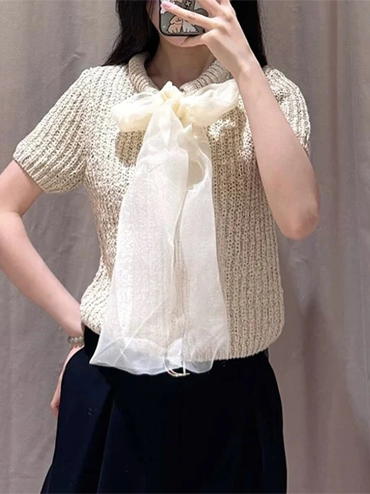 

Casual Mesh Lace Up Bow Women's Pullover Spring Summer Elegant Short Sleeve Knit Female Sweater Chic Lady High Street Knitwear