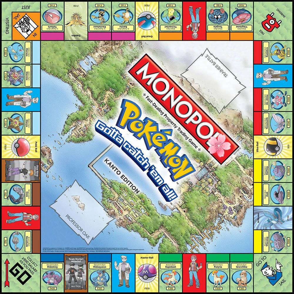 Gaming Monopoly: Pokemon Kanto Edition cards.