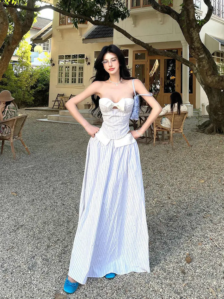 

Ladies Two Piece Set Outfits New Summer High-end Sexy Style Designed Niche Advanced Striped Fish Bone Strapless+high Waist Skirt