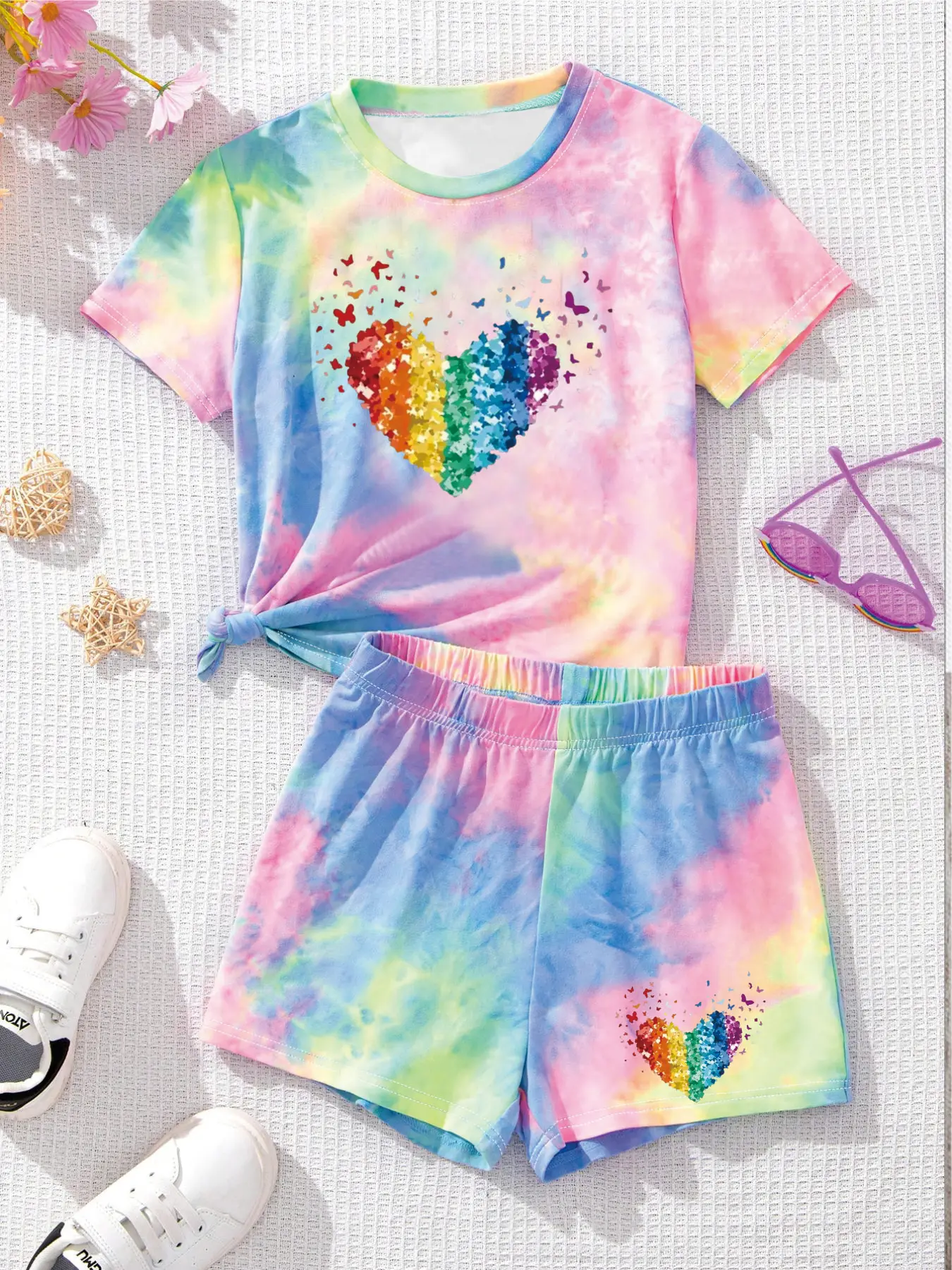 Trendy Girls 2Pcs Co-ord, Pastel Tie Dye Rainbow Glitter Heart Graphic T-Shirt & Shorts Set for Summer Play & Daily Wear