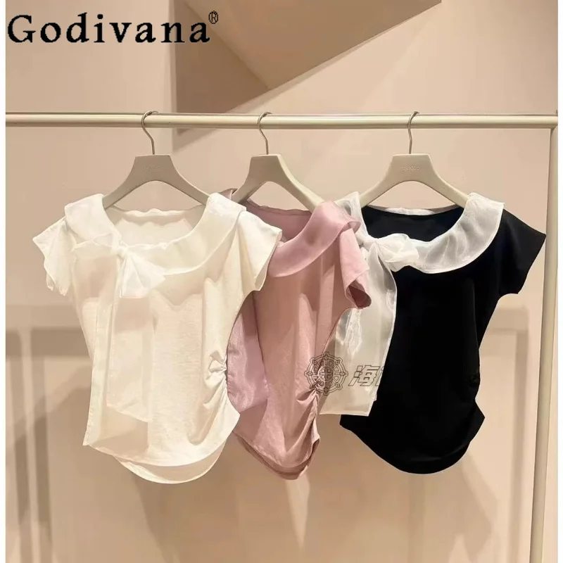 

2026 Summer New Japanese Sweet Bow Lace-up Women's Shirts Blouses Summer New Office Lady Fashion Casual Cute Top Slim Clothing