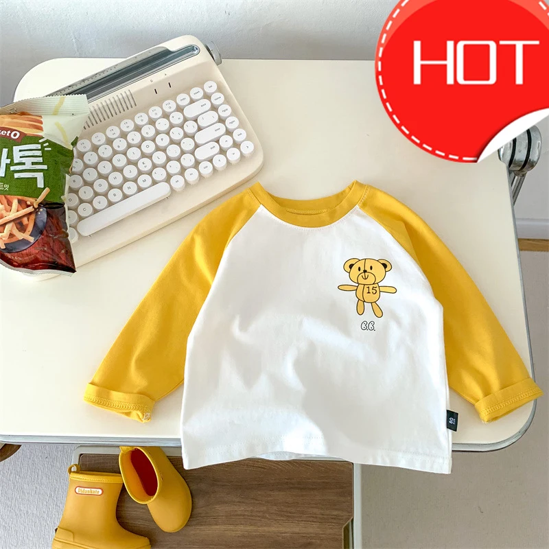 

2024 Kids Spring Autumn Clothes Baby Boys Girls Cotton Long-sleeved T-shirt Cartoon Printed Top Children color Shoulder T-shirt