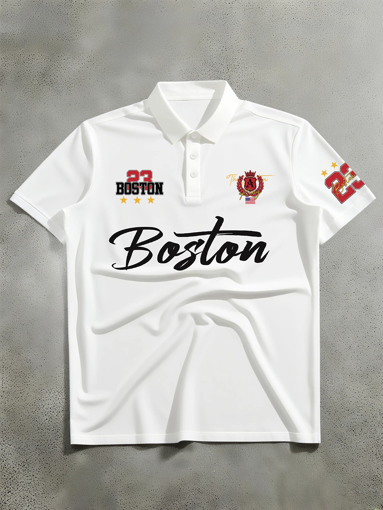Men's American Retro Boston 23 Cursive Letter Printed Polo Shirt, Loose Lapel Street Style Casual Top, S-XXL