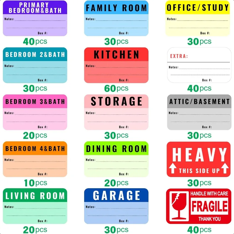 ملصقات متحركة كبيرة للصناديق مشفرة بالألوان 460 ملصقات للمنزل تتحرك مع شريط قابل للإزالة ملصقات هشة ملصق التعبئة