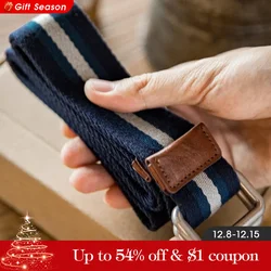 Maden Retro Belt Double-Ring Buckle Striped Belt No-Punch Woven Canvas Trouser Belt for Men's Daily Fashion Outfit