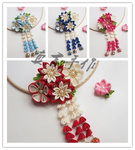 Handmade ชุดกิโมโนเครื่องประดับสไตล์ญี่ปุ่นซากุระ Hairpin Yukata Hanfu ภาพอุปกรณ์เสริมผมคอสเพลย์ Bell Tassels คลิปด้านข้าง