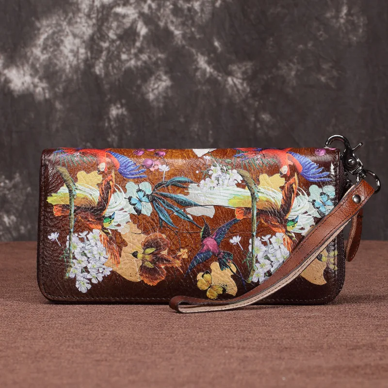 

New Purse Money Clips Bags Female Printing Floral Large Multi-Cards Genuine Leather Vintage Long Clutch Handy Bag Women Wallets