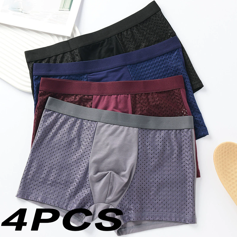 4-Piece Set Of Ice Silk Semi Mesh Men's Breathable Flat Corner Pants, Seamless Casual Underwear, Men's Elastic Flat Corner Pants