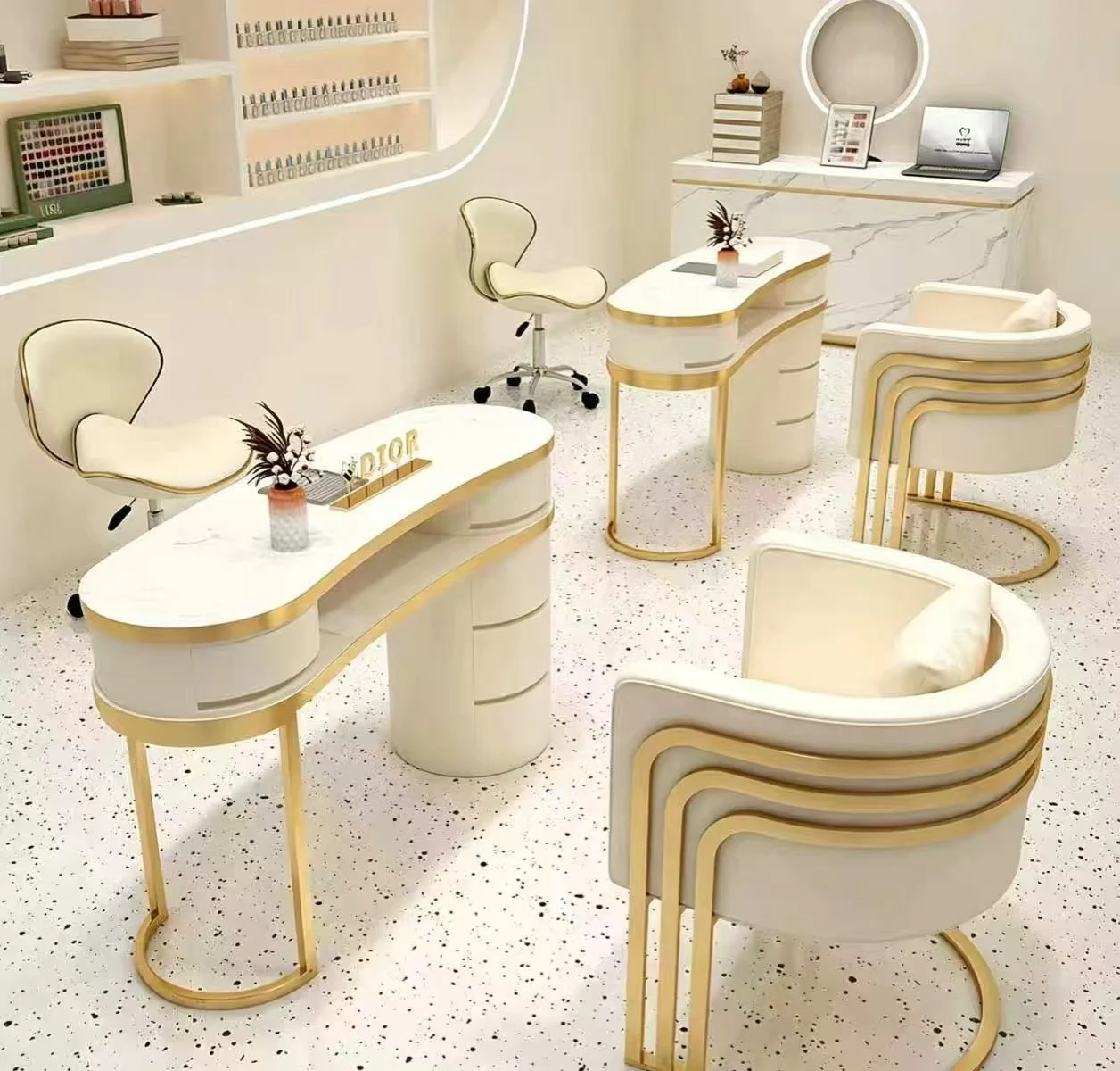 Cream Style Manicure Table & Chair Set, Marble Top Nail Desk With Built-in Vacuum Socket Nail Art Workstation