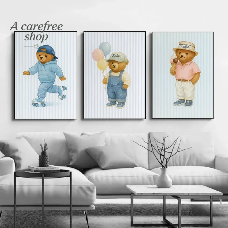 Cute Teddy Bear Canvas Wall Art Print Striped Background Poster Cartoon Bear Playing Guitar Skating Reading Painting Nursery