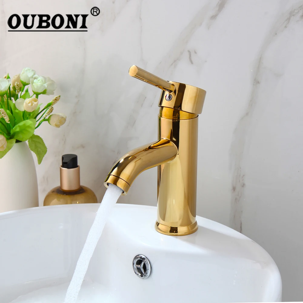 

OUBONI Bathroom Faucet Gold Hot Cold Water Mixer Faucets Single Lever A Water Outlet Deck Mounted Kitchen Brass Faucets Taps