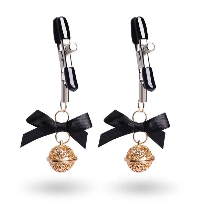 1 Pair Adjustable Nipple Clamps With Black Bow And Hollow Golden Bell Perfect For Couple Intimate Play Bedroom Cosplay SM Games