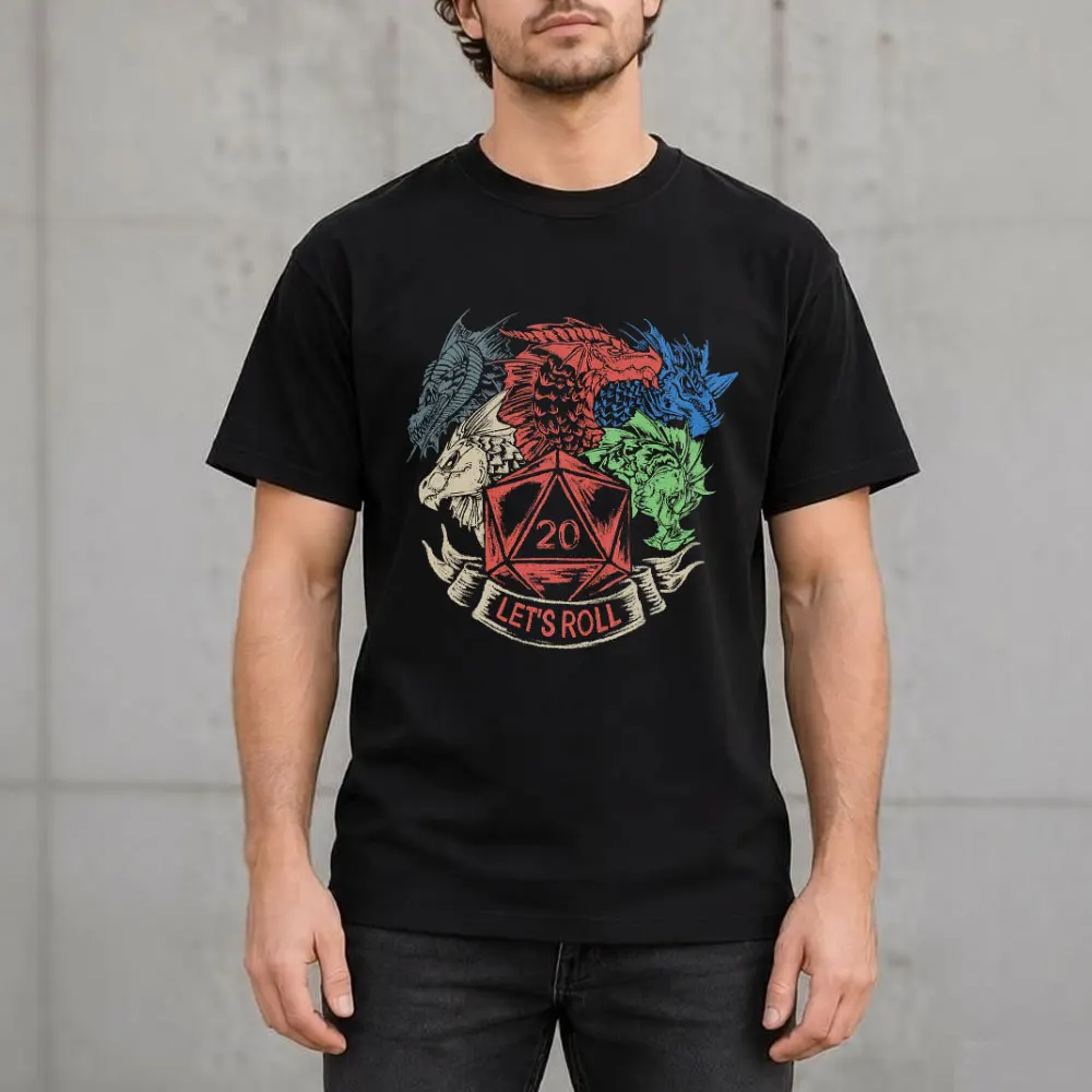 Lets Roll Dragons Retro Dungeon Daddy Graphic T-Shirt, Funny DnD Dungeon Master Unisex Tee TTRPG Dungeons and Dragons Gamer Gift