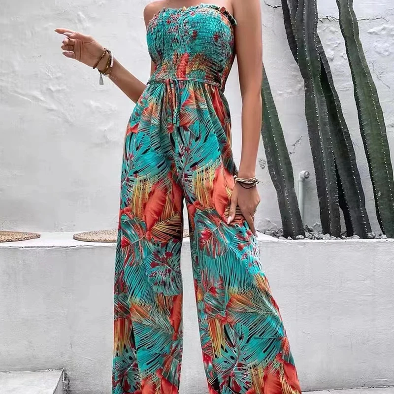 Summer 2024 New Fashion Tube Top Casual Jumpsuit for Women Chic Casual Lace Up Print Women Jumpsuit Holiday Lady Clothes