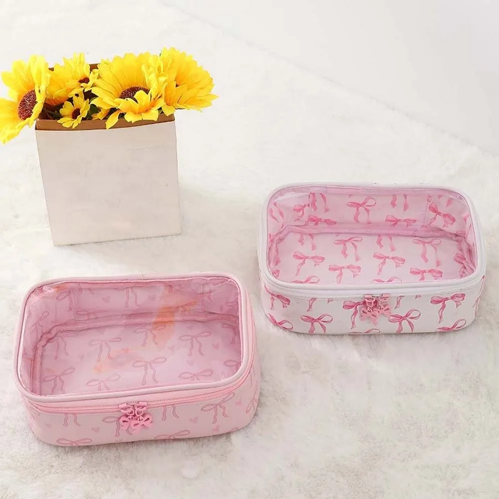 Clutch Pouch Transparent Makeup Bag PU Leather Waterproof Clear PVC Handbag Large Capacity Pink Bow Swimming Small Bag Daily
