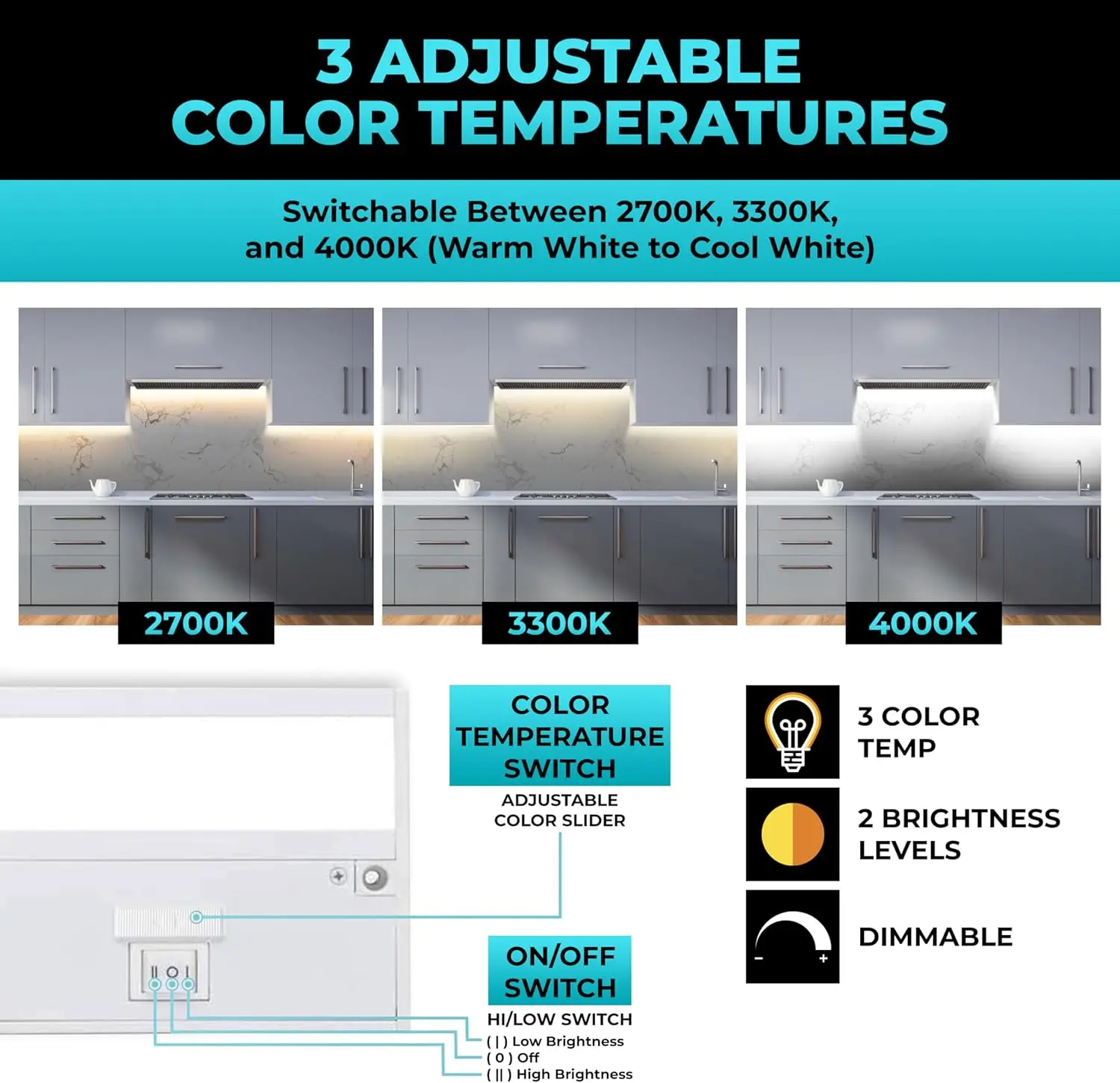 White LED Under Cabinet 3 Color Temperature Slide Switch – Warm White (2700K), Soft White (3000K),