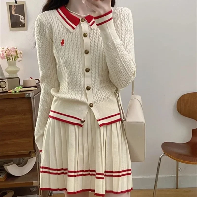 Authentic Golf Sweater Women Golf Clothes Knit Mini Skirt + Polo Shirt Two Piece Set Women Golf Wear 2024 Autumn New Golf Suits