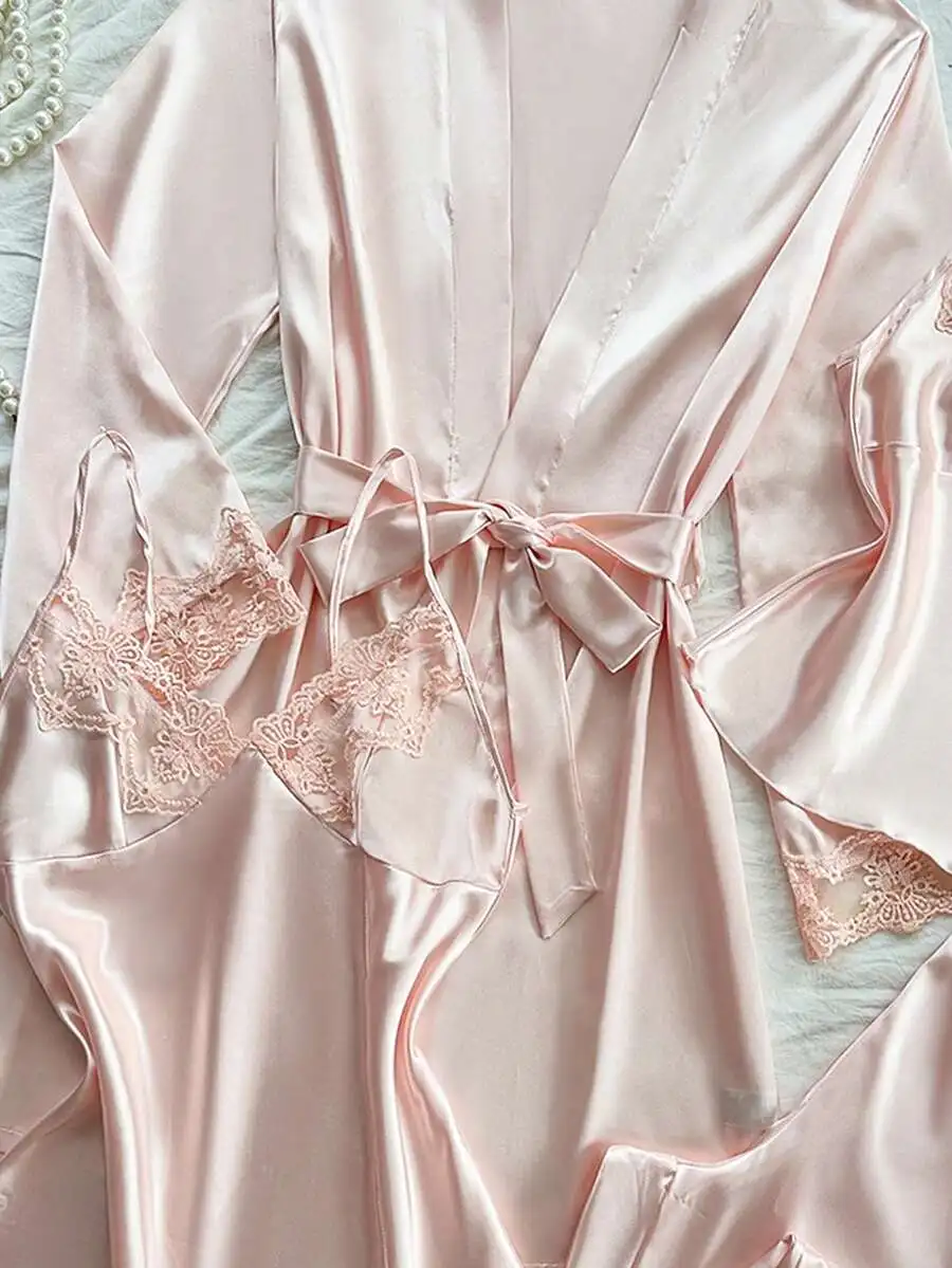

Womens Elegant Lace Cami Sleep Set With Belted Robe Pajamas
