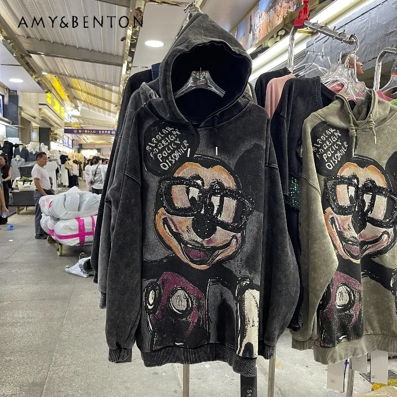 

2025 Autumn Winter New Heavy Craft Cartoon Hooded Sweatshirts Coat Long Sleeved Loose Casual Jacket Pullover Women's Clothing