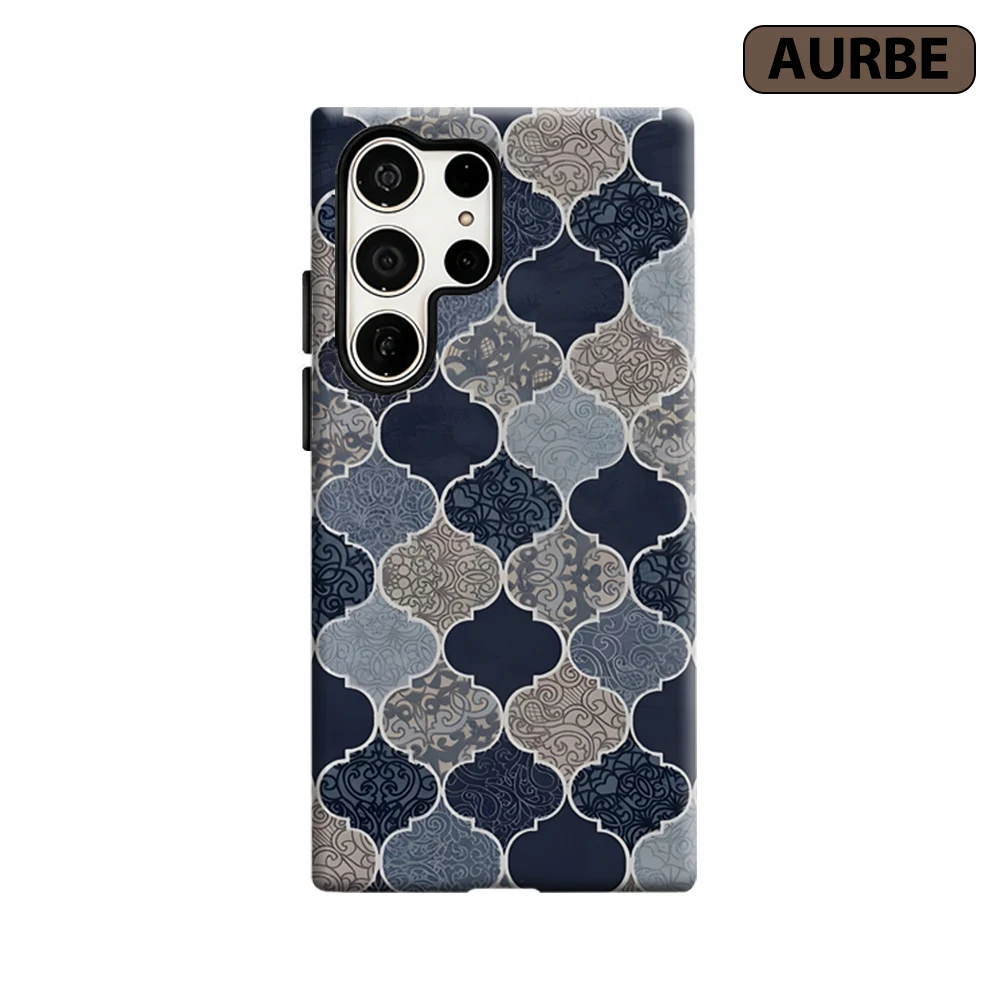 Indigo Tiles Phone Case for Samsung Galaxy S26 S25 Ultra S24 S23 Ultra Plus Shockproof Double Layer Tough Back Cover