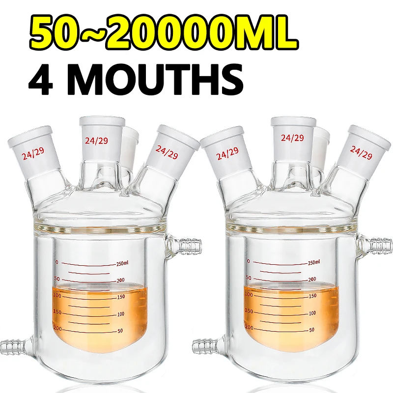 Double-layer jacketed reactor, four-neck reaction bottle, 50-2000ml round bottom flask with scale, high borosilicate glass