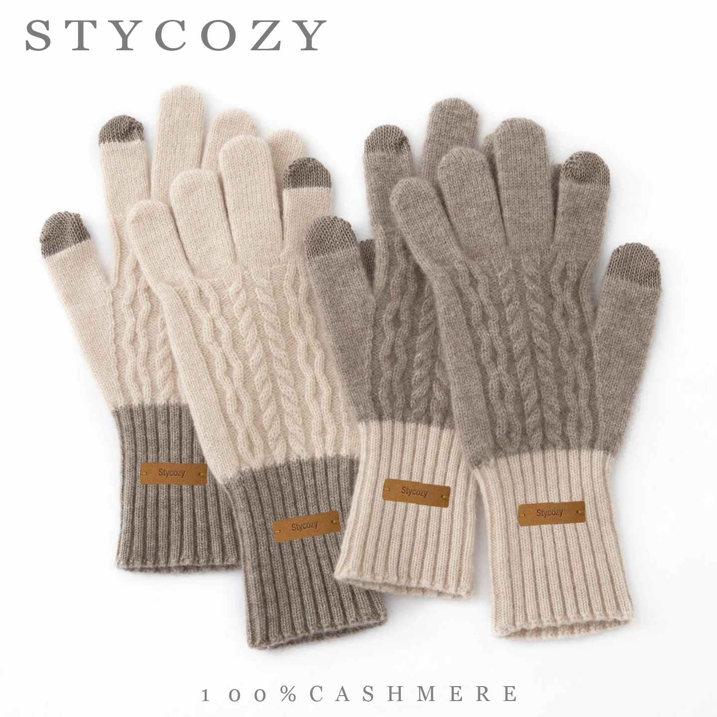 100% Cashmere Touchscreen Gloves Unisex Cable Knit Color Block Winter Warm Full Finger Knitted Mittens Outdoor Cycling Handwear