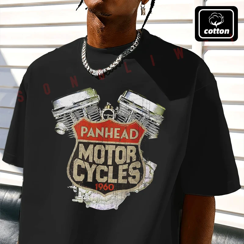 

Motorcycle 1960 Panhead Vintage Distressed Biker Chopper Rat Men's T Shirt Casual Mens Cotton Round Neck Short Sleeved T-shirt