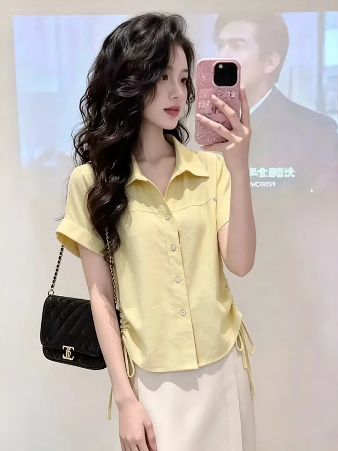 

Elegant Short Sleeve Shirt Women's Summer 2026 Drawstring Waist Cinching Anti-Aging Fashion Commute Style Small Top