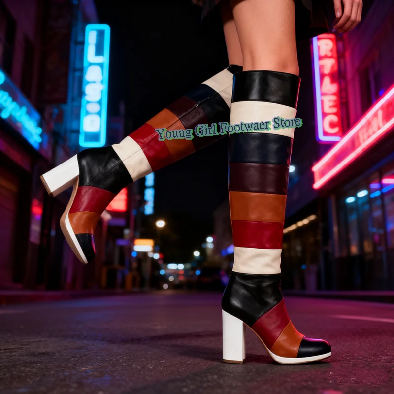 

Rainbow Contrasting Colors High Boots Square Heel Women's Boots Pointed Knee-High Boots Light Luxury Women's Party Boots
